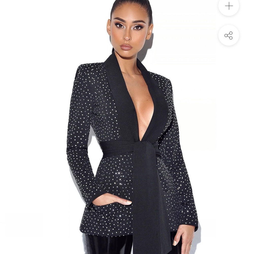 Black plunge blazer with crystal accents